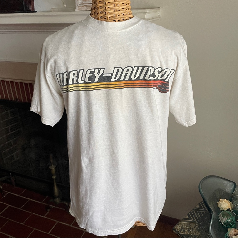 Y2K Harley-Davidson Men's White Logo Tee with Sunset Stripe